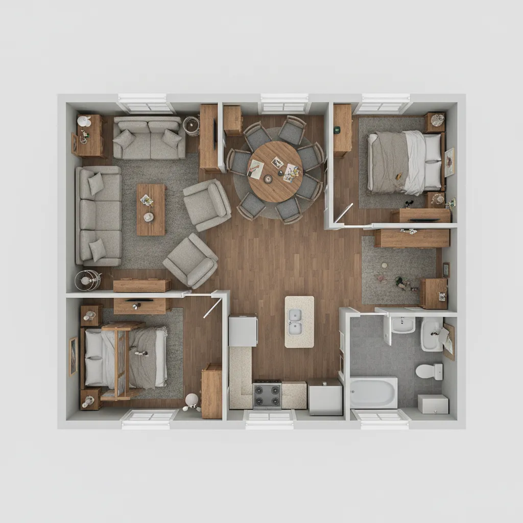 Plano de vivienda con distribución incorrecta de muebles en aplicación de diseño