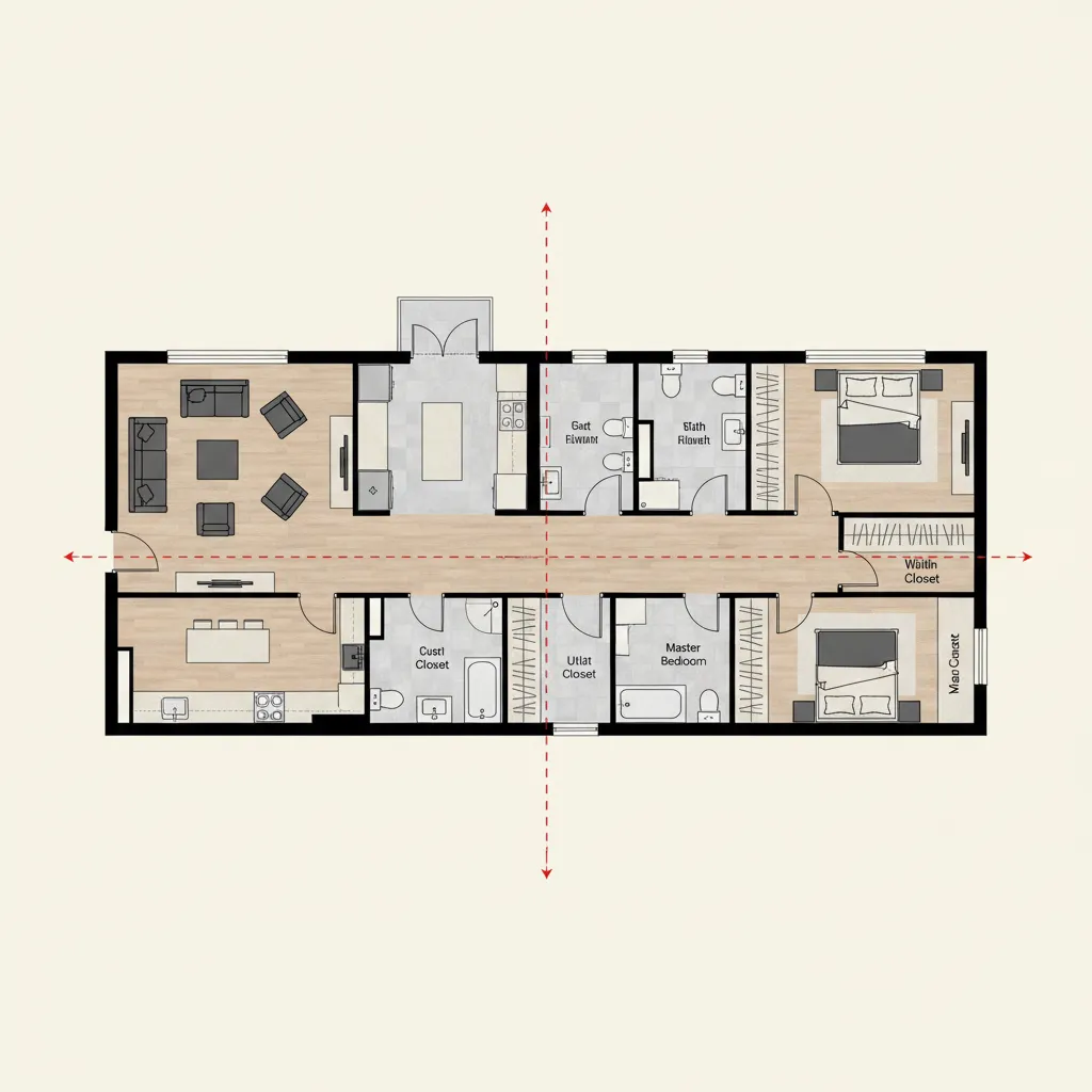 Top view house floor plan with central hallway connecting living room kitchen and multiple private bedrooms