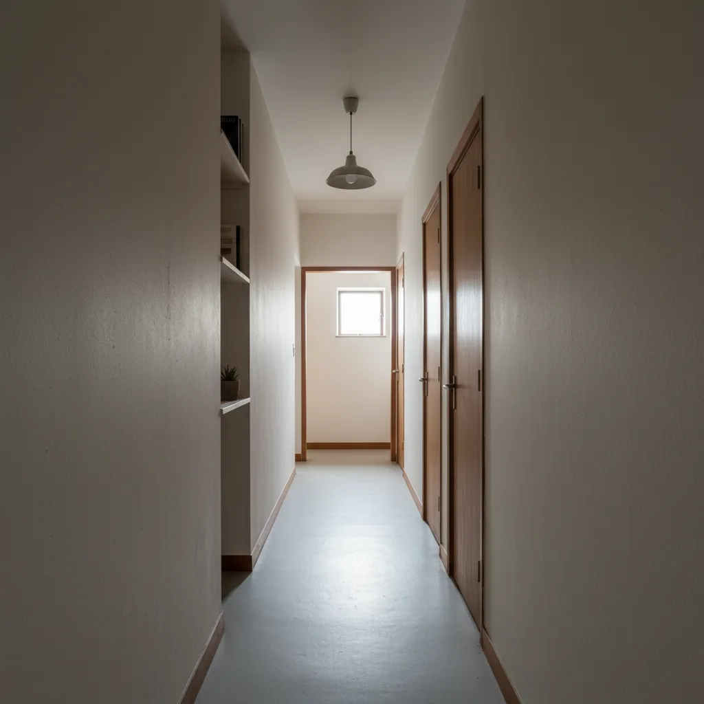 Pasillo largo en vivienda pequeña mostrando mala distribución