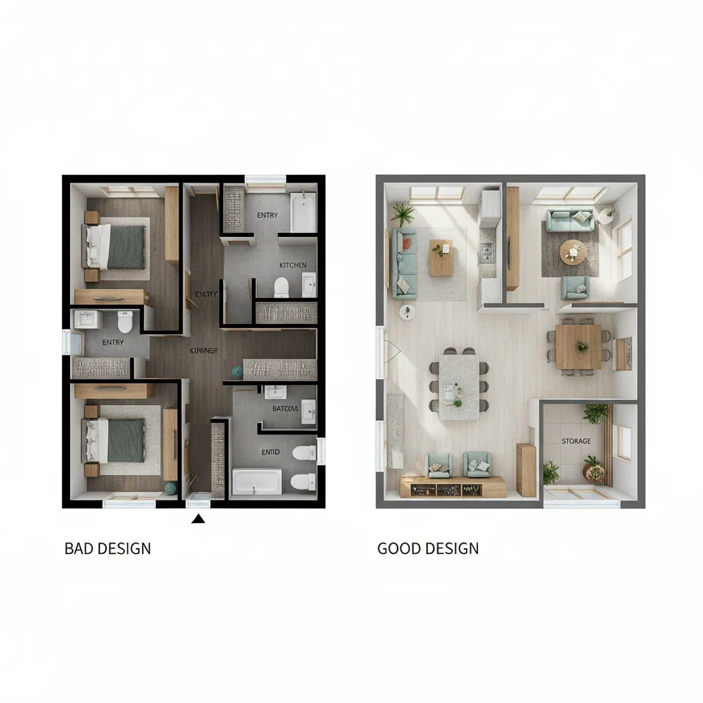 Comparación entre mala y buena distribución en una casa pequeña rectangular