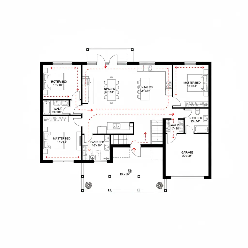 Plano de casa con medidas y zonas de circulación señaladas
