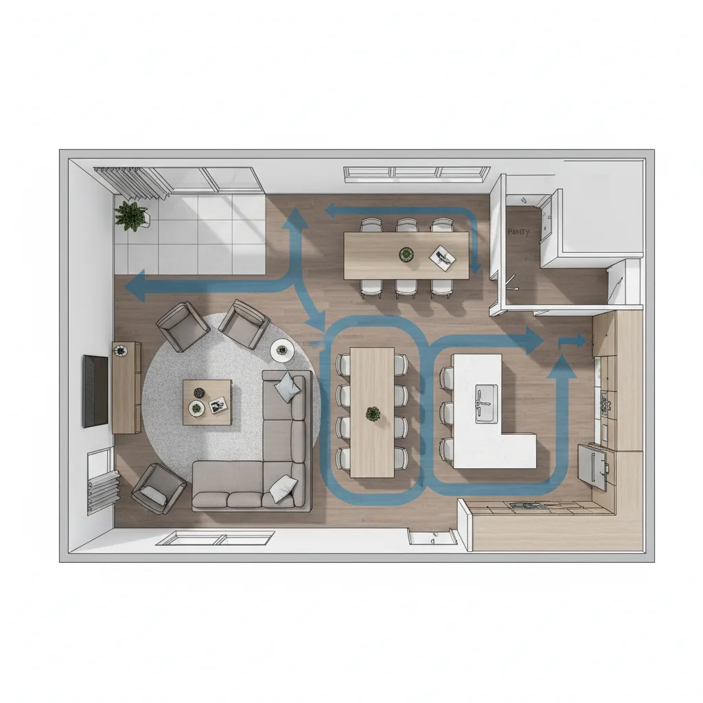 Plano de casa mostrando problemas de circulación entre muebles
