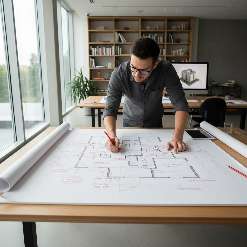 Plano de vivienda con correcciones y anotaciones de diseño