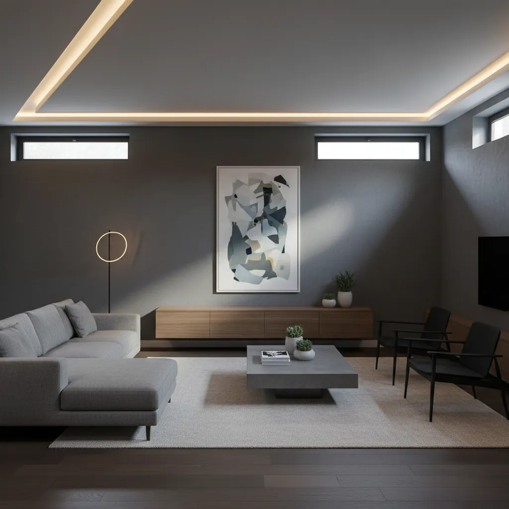 Salón de casa moderna con iluminación natural limitada por pocas ventanas