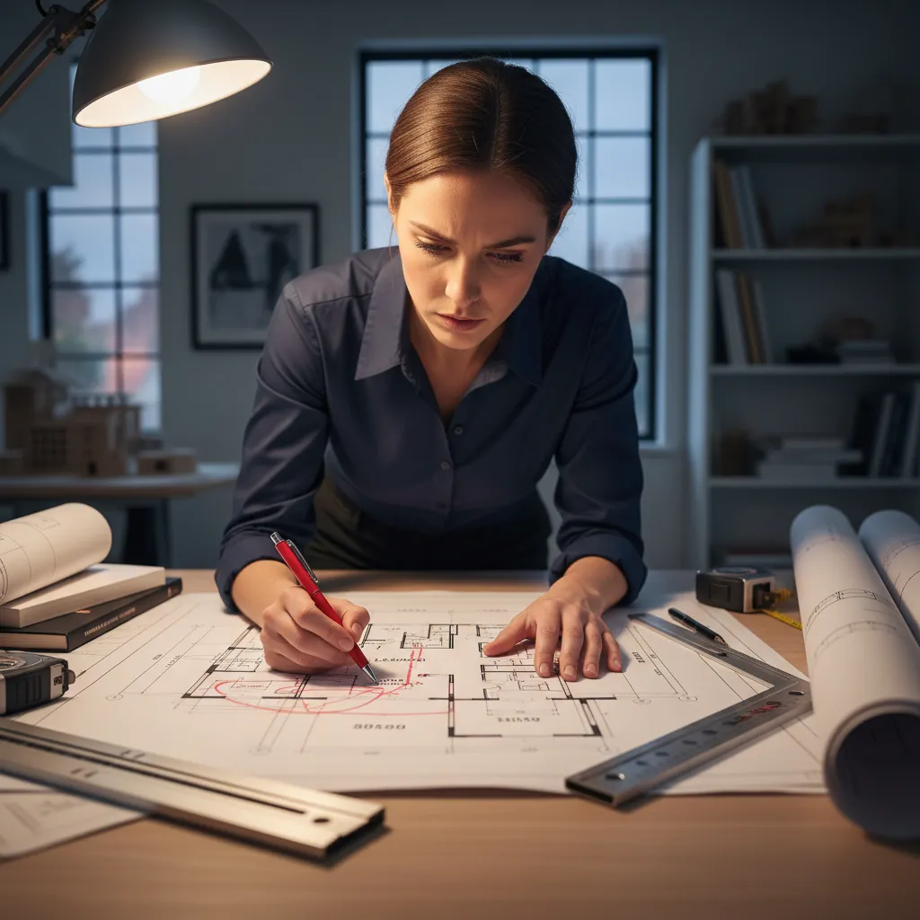 Plano arquitectónico con anotaciones señalando errores de diseño en la distribución