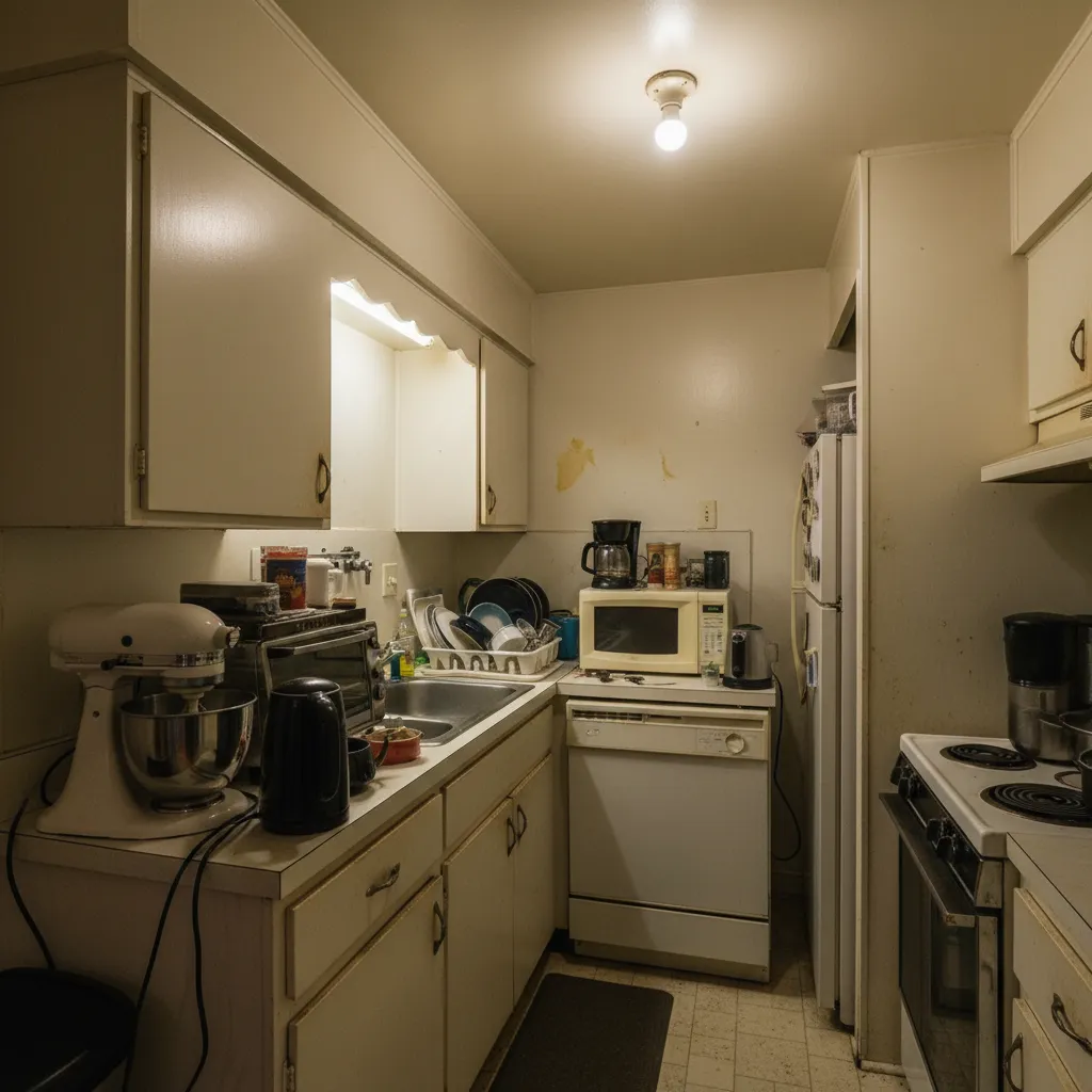 Ejemplo de errores comunes en el diseño de cocina con mala iluminación y espacio reducido