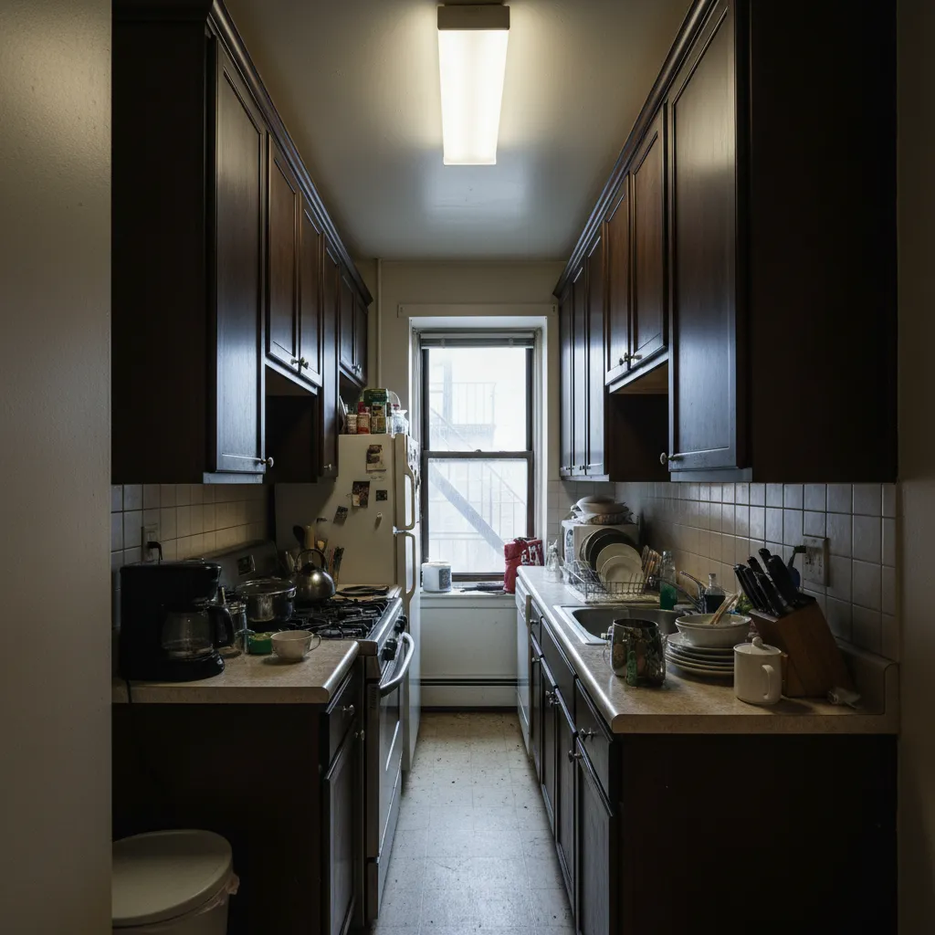 Cocina con demasiados muebles altos que reduce la sensación de espacio