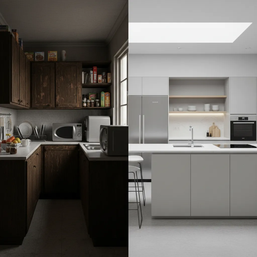 Cocina pequeña mal distribuida comparada con una bien diseñada