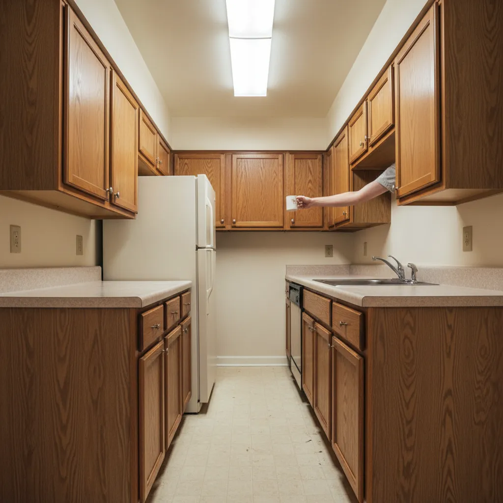 Ejemplo de cocina con mala distribución y poco espacio de paso