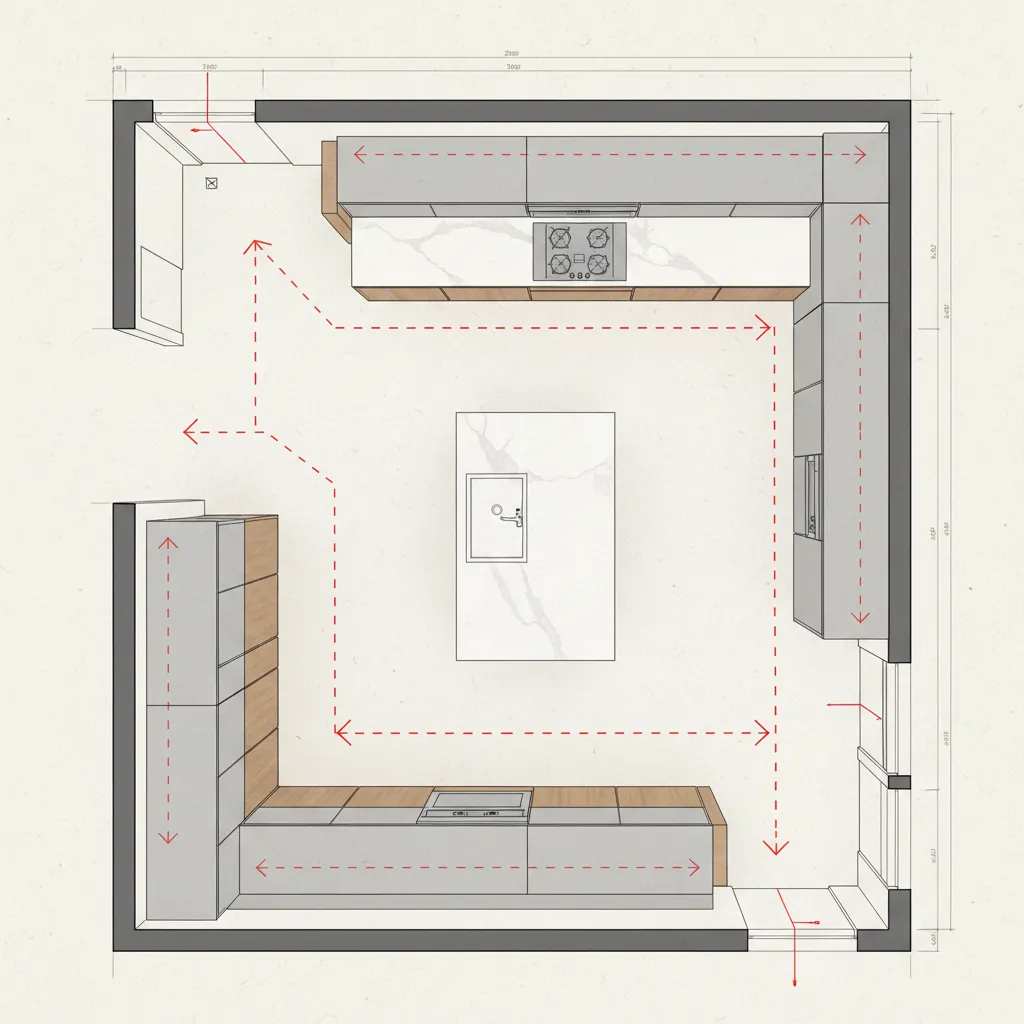 Plano de cocina mostrando problemas de circulación y distribución