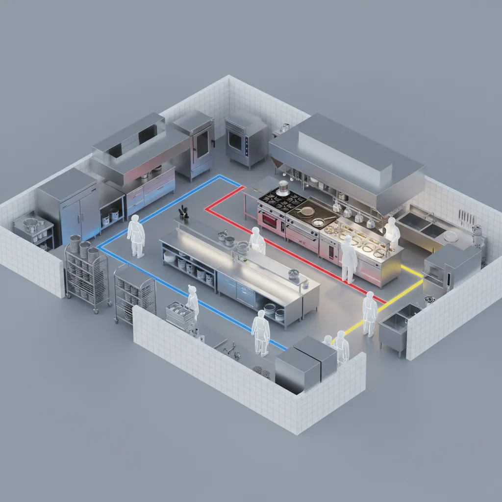 Visualización 3D mostrando errores de circulación en cocina profesional