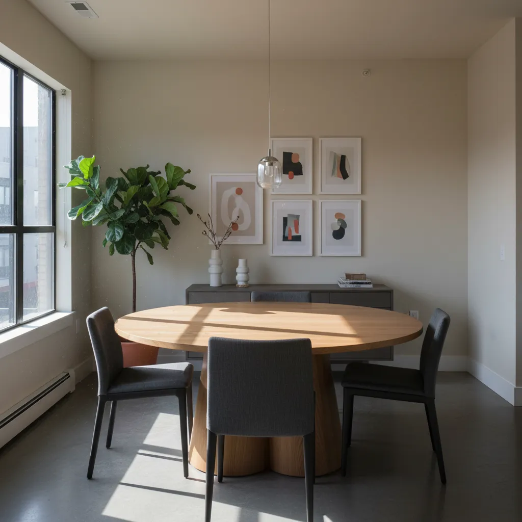 Comedor mal distribuido con poco espacio entre mesa y paredes