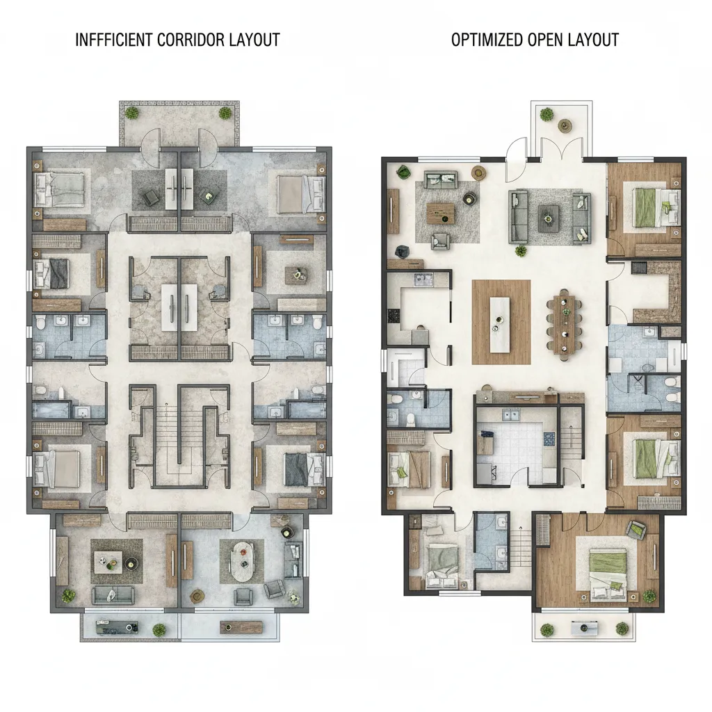 Comparación de distribución eficiente e ineficiente en plano de casa