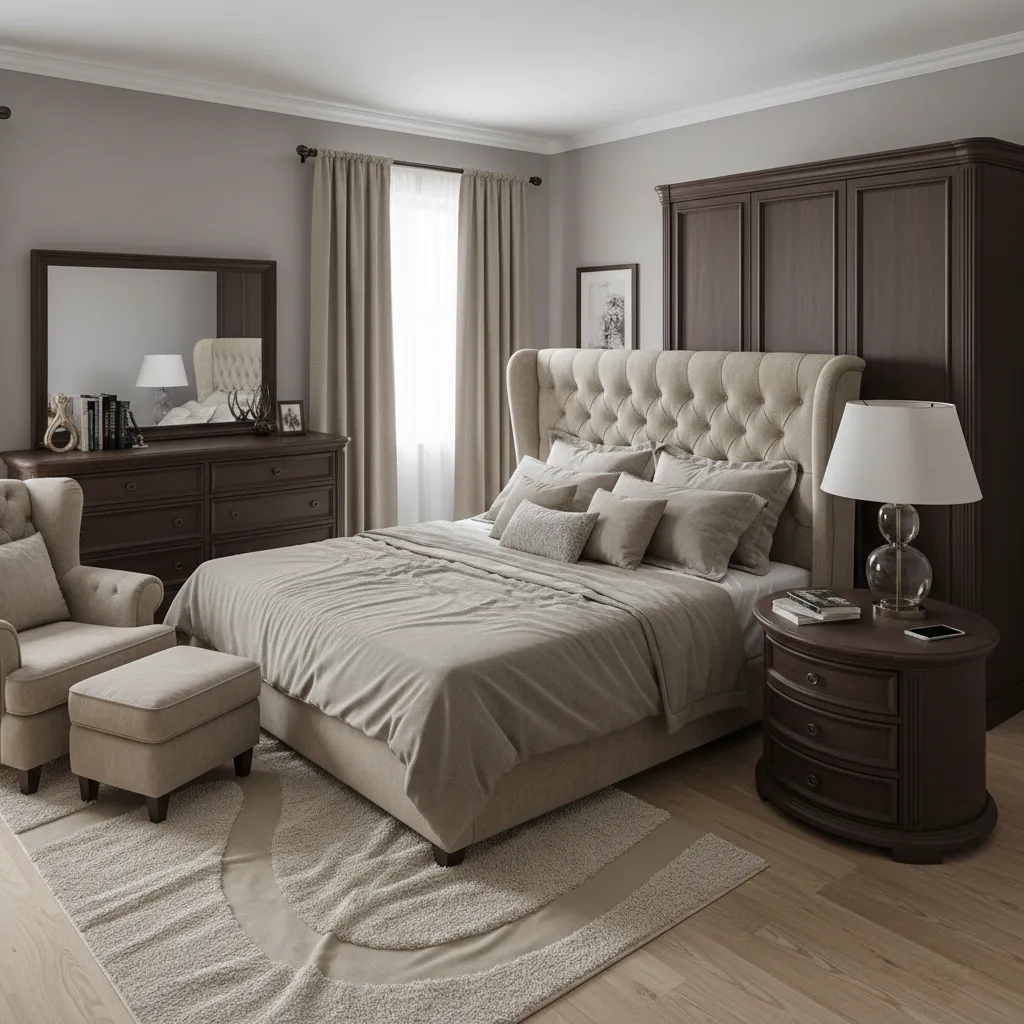 Traditional bedroom with tufted bed, dark wood wardrobe, dresser, armchair, footrest, rug, and bedside lamp