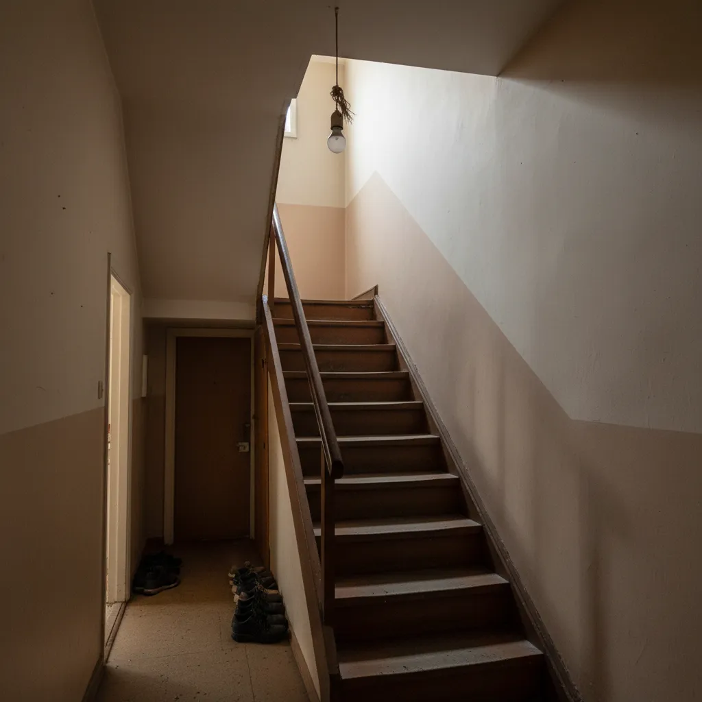 Escalera interior con mala iluminación y espacio reducido