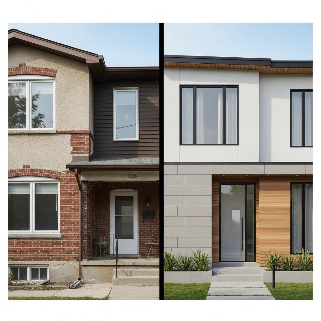 Before and after comparison showing an old brick house renovated into a modern white house exterior
