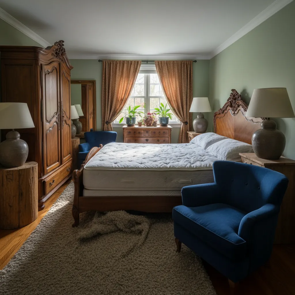 Classic bedroom with green walls wooden bed brown curtain blue chairs and large wood cabinet