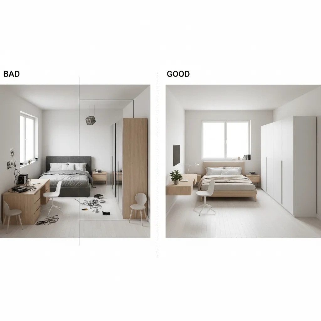 comparación de distribución incorrecta y correcta de muebles en una habitación