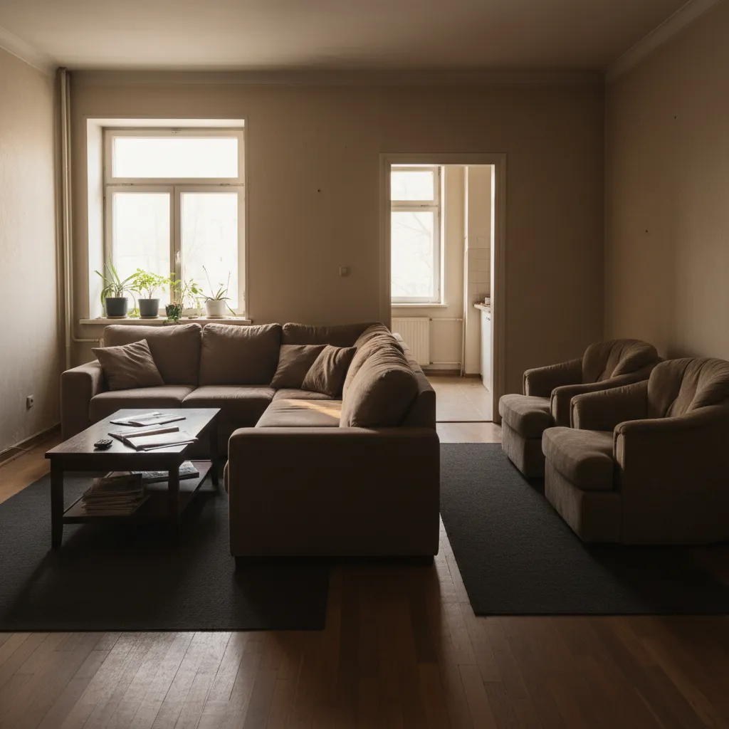 Sala mal distribuida con muebles demasiado grandes