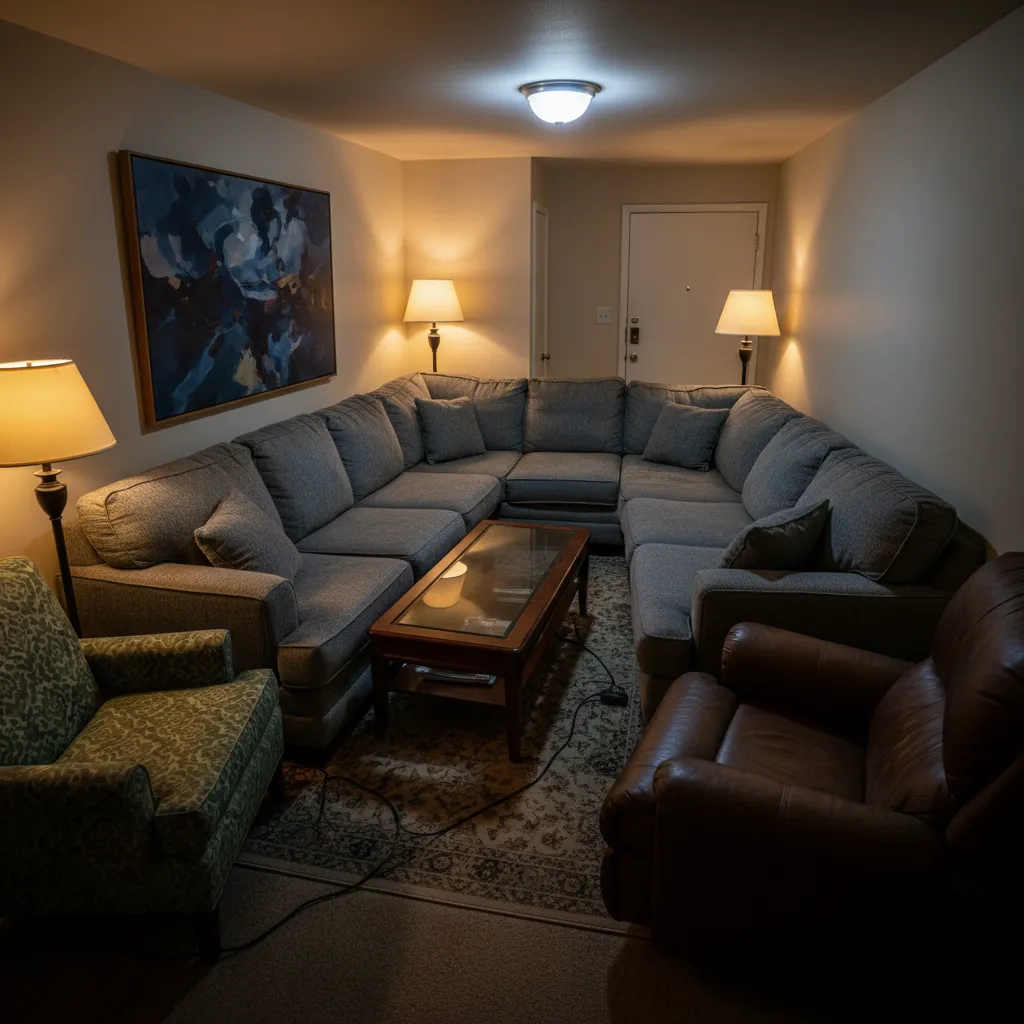 Crowded living room with large grey sofa glass coffee table floor lamps and leather armchair