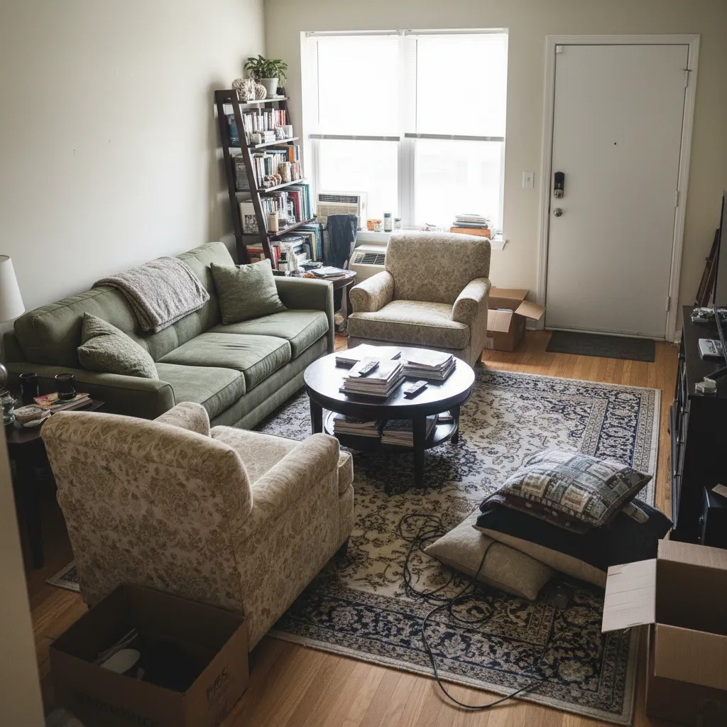 Sala con mala distribución de muebles que bloquea la circulación