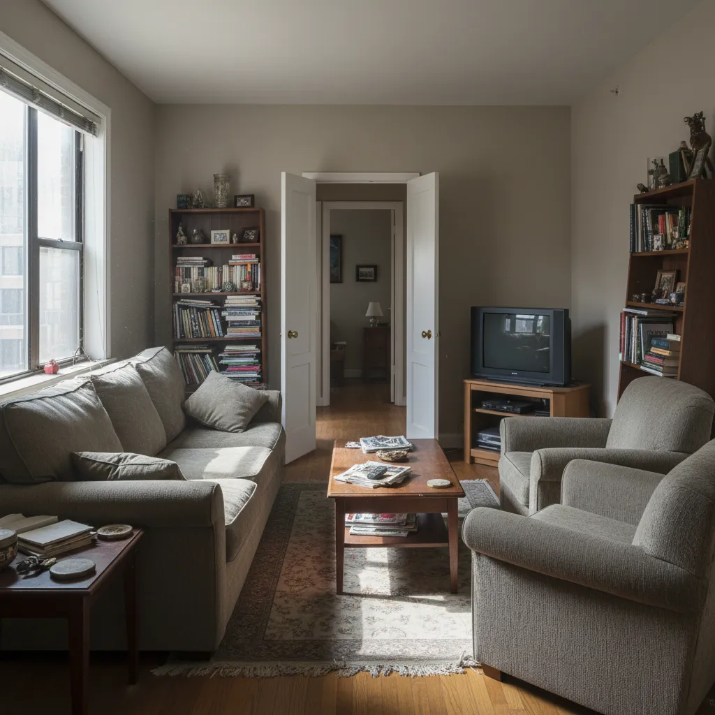 Sala mal distribuida con muebles bloqueando circulación