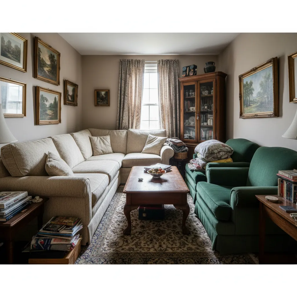 Beige L-shaped sofa and green armchairs around a wooden coffee table on patterned area rug
