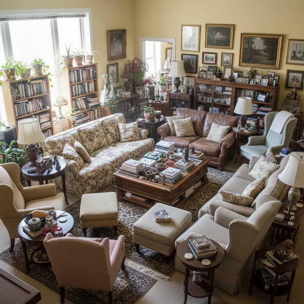Sala con demasiados muebles que bloquean el paso
