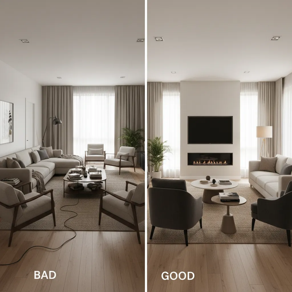 Comparación entre una mala distribución de muebles y una correcta