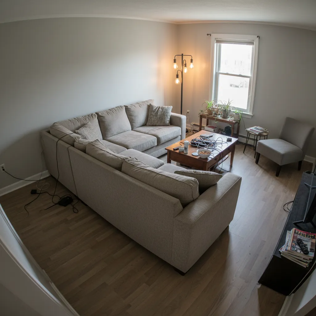 Messy living room layout with grey sofa, wood coffee table, tangled wires, and floor lamp