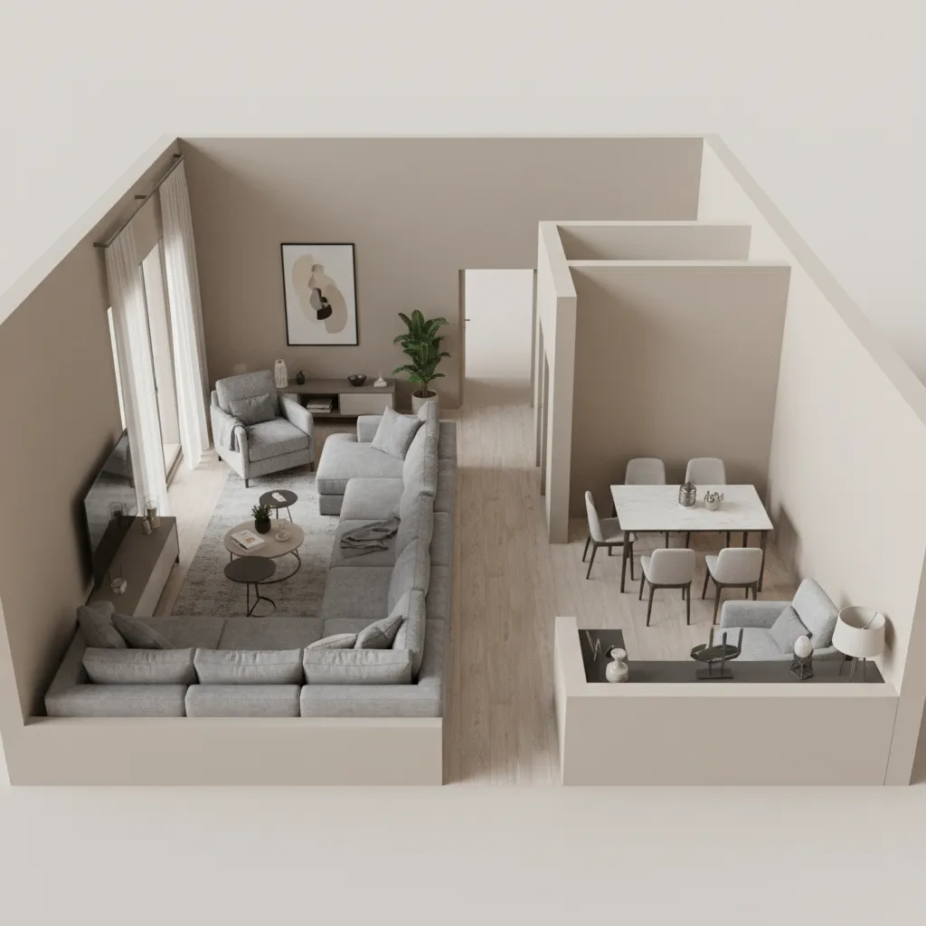Ejemplo de sala con muebles mal distribuidos en diseño 3D