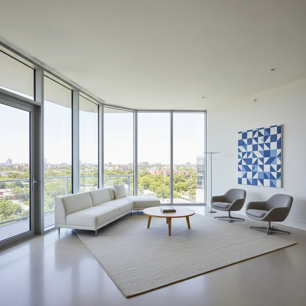 Minimalist living room featuring white sofa grey chairs wooden coffee table rug and blue art