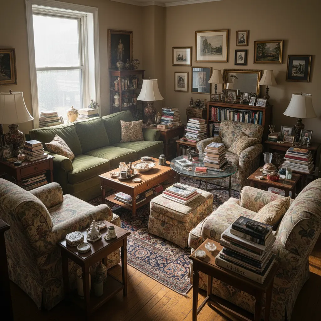 Sala pequeña con demasiados muebles mostrando un ejemplo de mala distribución