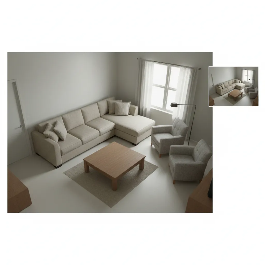 Living room layout with beige sofa wooden coffee table two grey armchairs and floor lamp