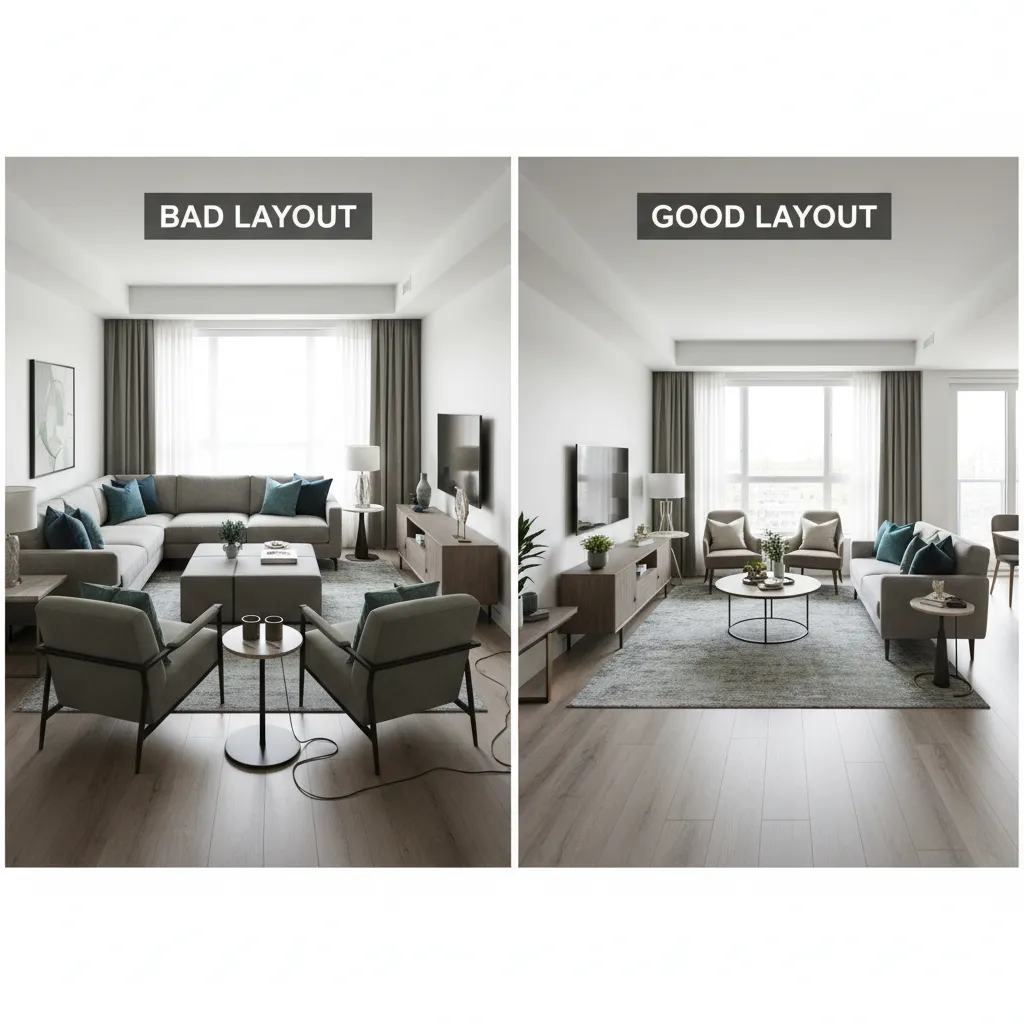 Comparación entre mala y buena distribución de muebles en un salón