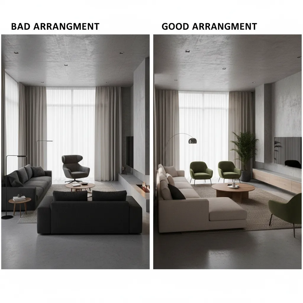 Comparación de una sala con mala distribución de muebles y otra con distribución correcta
