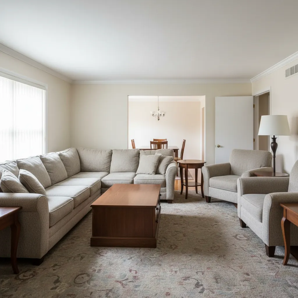 Espacio interior con mala distribución de muebles que dificulta la circulación
