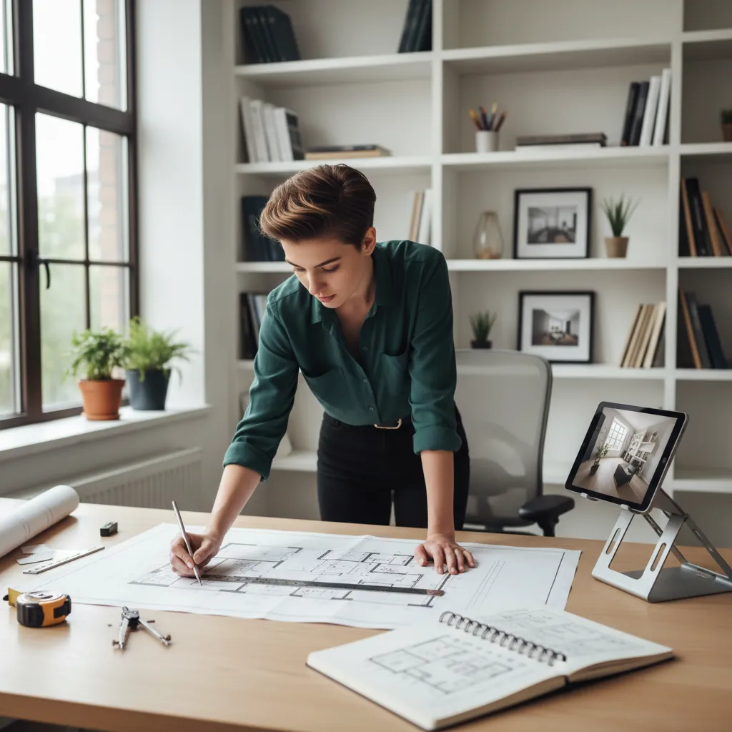 Woman drawing room layout on large paper with ruler pencil and tablet in bright studio office