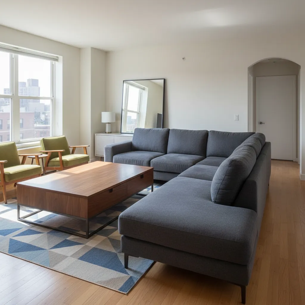 Modern living room with large grey sofa wooden coffee table blue rug and green chairs