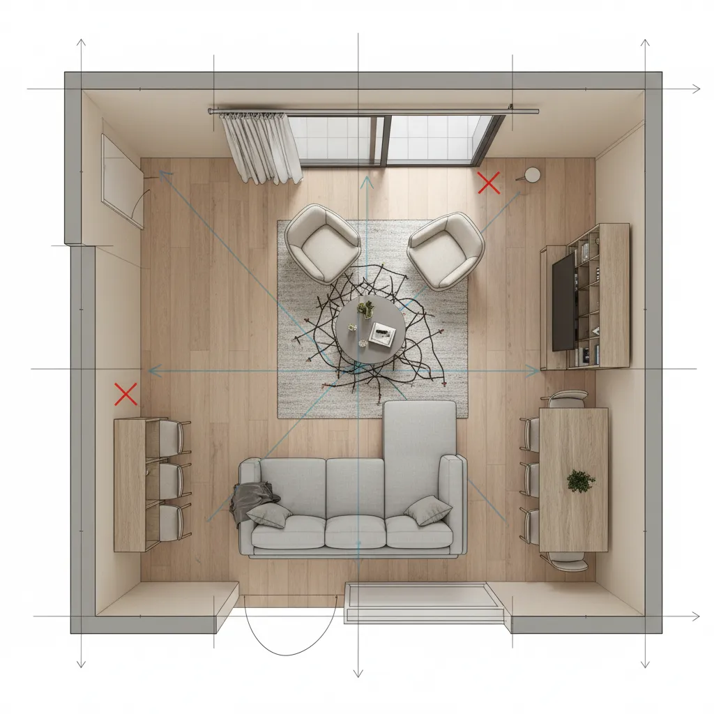 Plano de sala mostrando errores de distribución de muebles