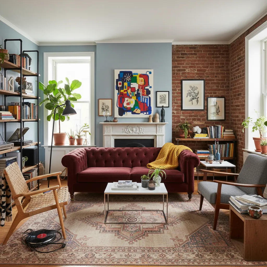 Colorful living room with red sofa brick wall patterned rug wooden chairs and wall art