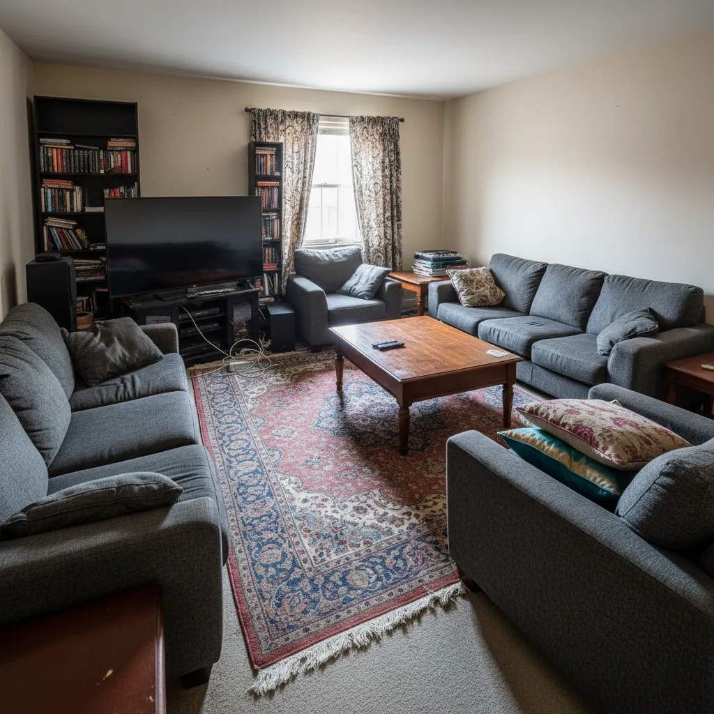 Sala de estar con muebles desproporcionados y mala distribución