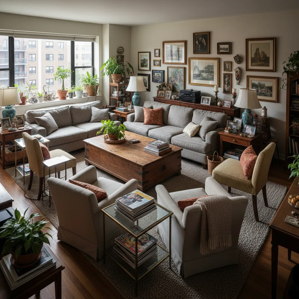 Sala con demasiados muebles mostrando un error de distribución