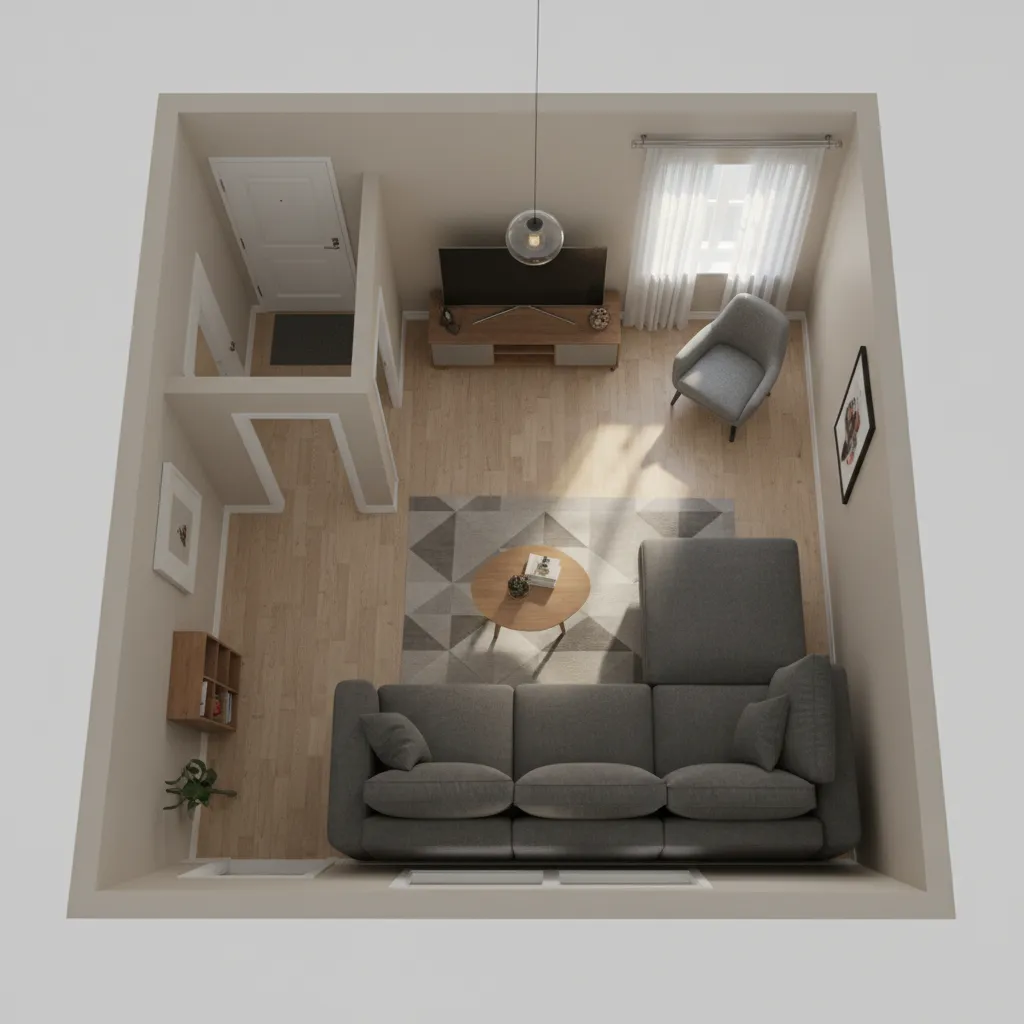 modelo 3D de una sala con muebles demasiado grandes para el espacio
