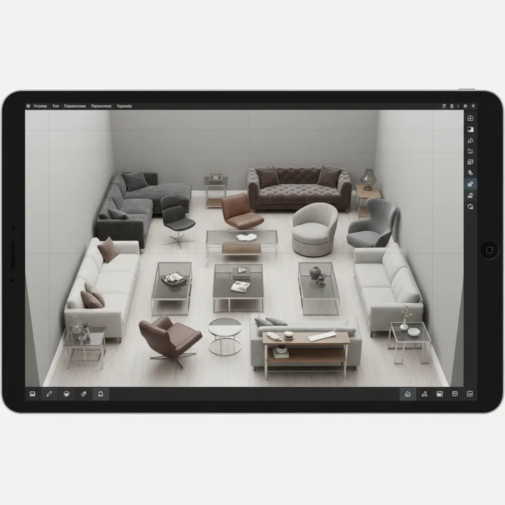 Coohom interior design tool on tablet showing various sofas and chairs in a room layout