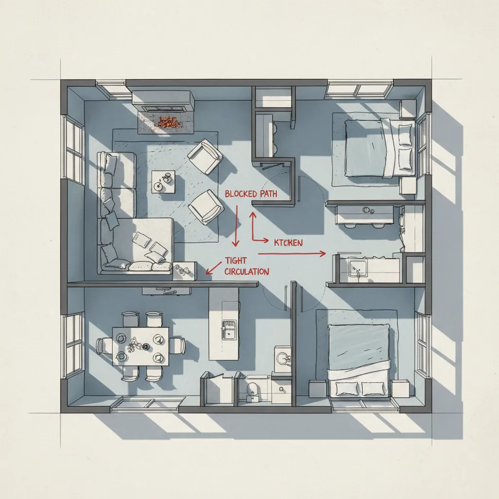 Plano de interior con problemas de circulación y muebles mal colocados