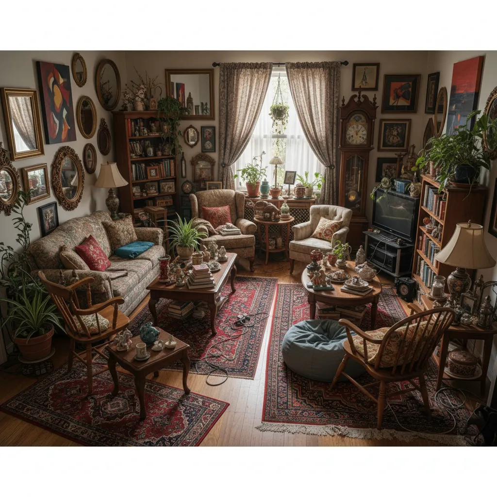 Crowded living room with many wall pictures patterned rugs old wooden furniture and green plants
