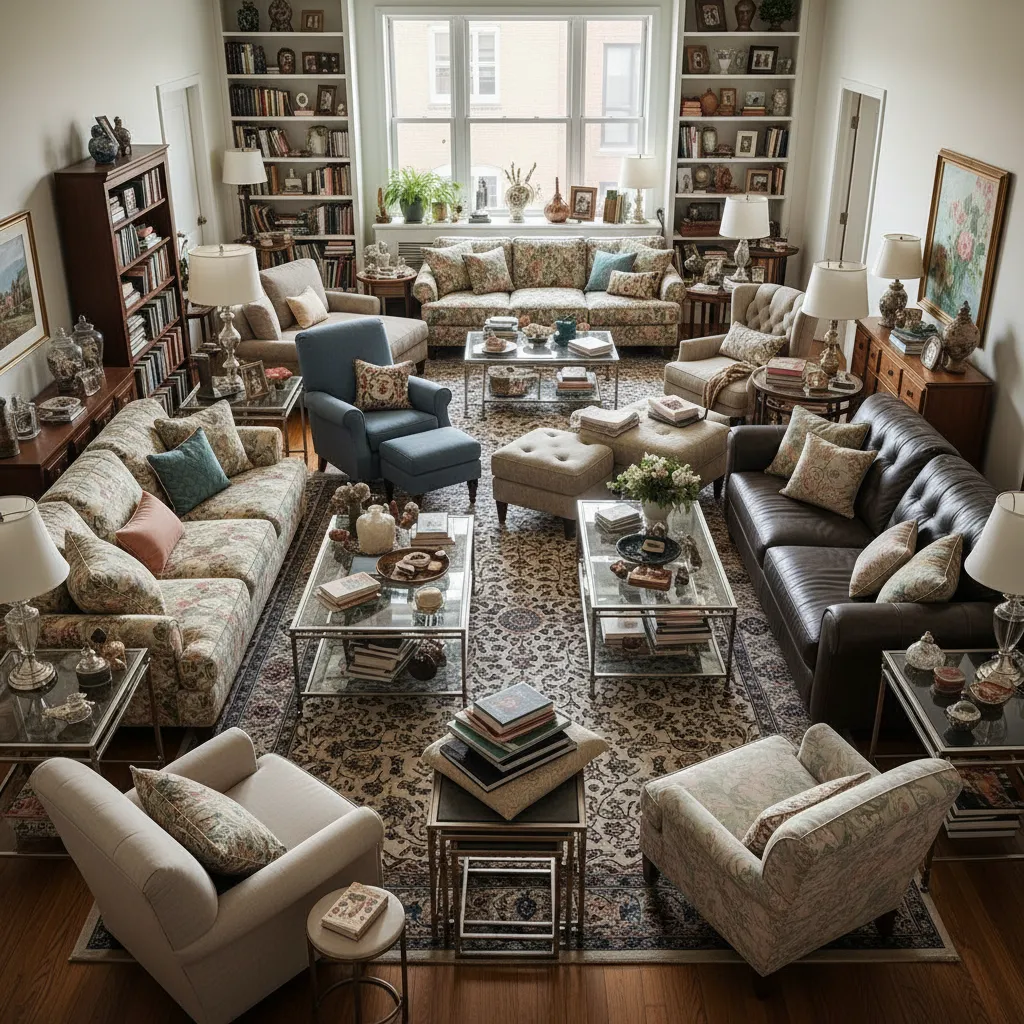 Simulación de sala con demasiados muebles mostrando un error de distribución