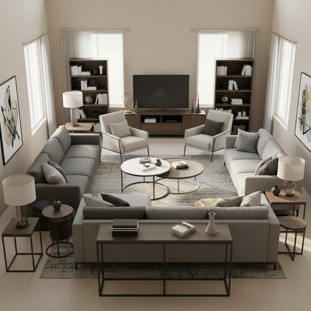 Habitación virtual con demasiados muebles mostrando un mal diseño
