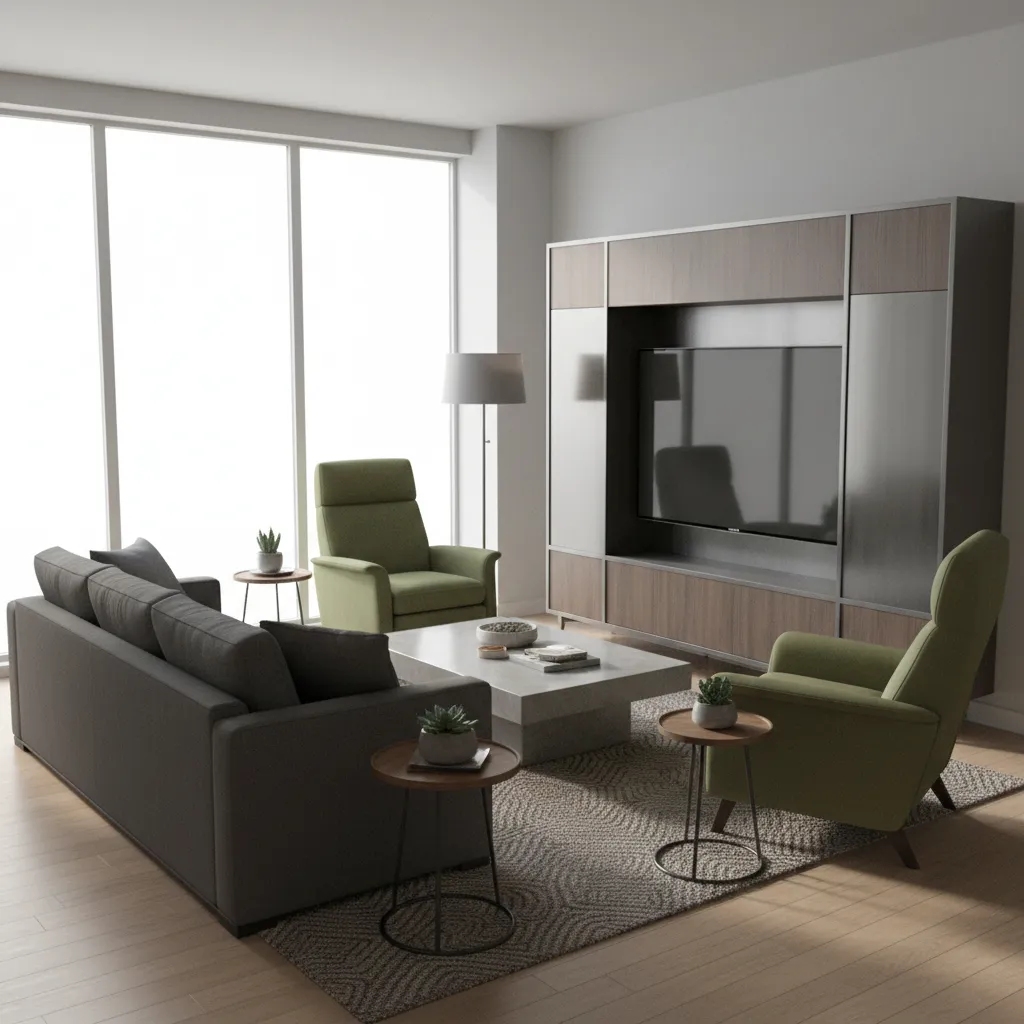 Sala virtual con muebles demasiado juntos mostrando error de distribución